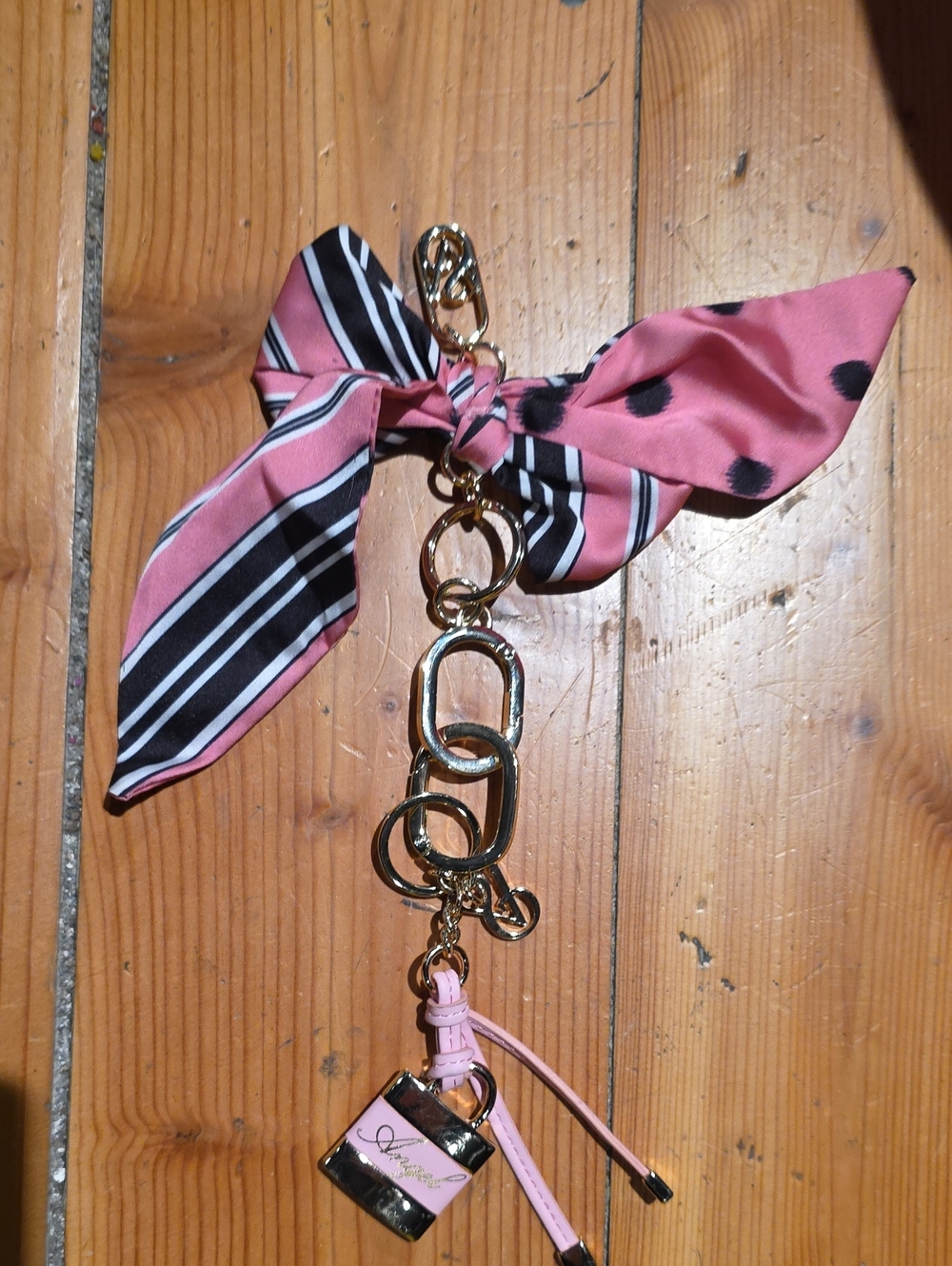 Victoria's Secret Pink Bow & Gold Chain Key Charm with Striped Scarf
